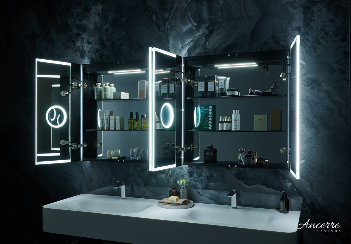 Ancerre Designs Pagani 30-in x 32-in Lighted LED Fog Free Surface/Recessed Mount Black Mirrored Soft Close Medicine Cabinet with Outlet