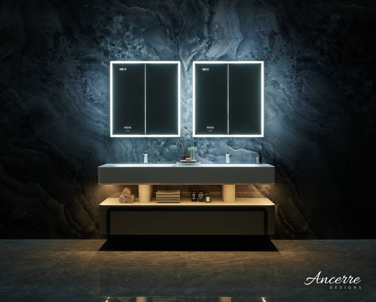 Ancerre Designs Pagani 30-in x 32-in Lighted LED Fog Free Surface/Recessed Mount Black Mirrored Soft Close Medicine Cabinet with Outlet