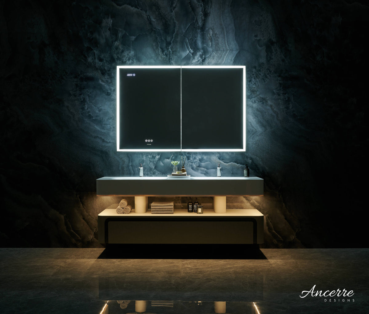 Ancerre Designs Pagani 36-in x 32-in Lighted LED Fog Free Surface/Recessed Mount Black Mirrored Soft Close Medicine Cabinet with Outlet