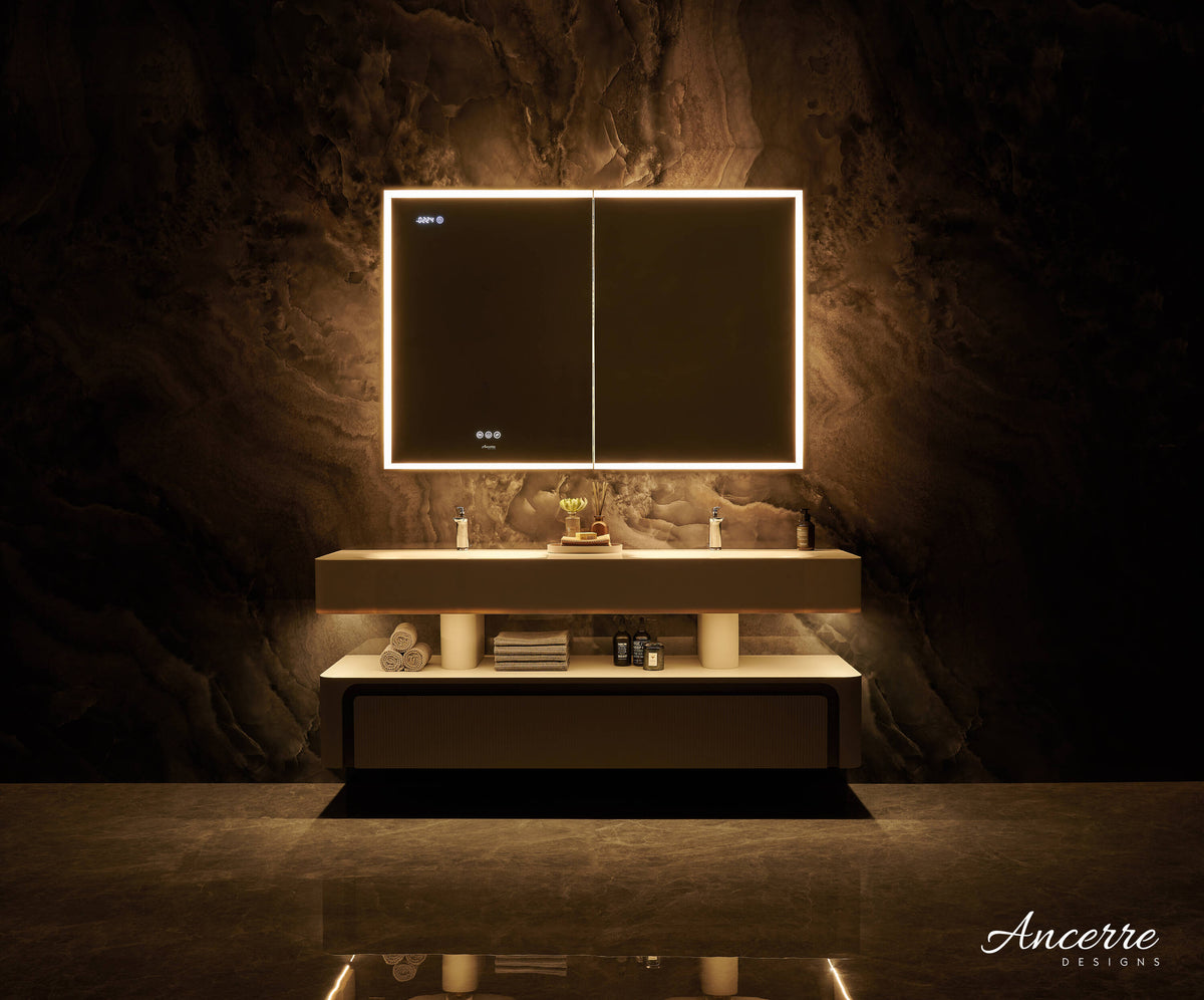 Ancerre Designs Pagani 36-in x 32-in Lighted LED Fog Free Surface/Recessed Mount Black Mirrored Soft Close Medicine Cabinet with Outlet