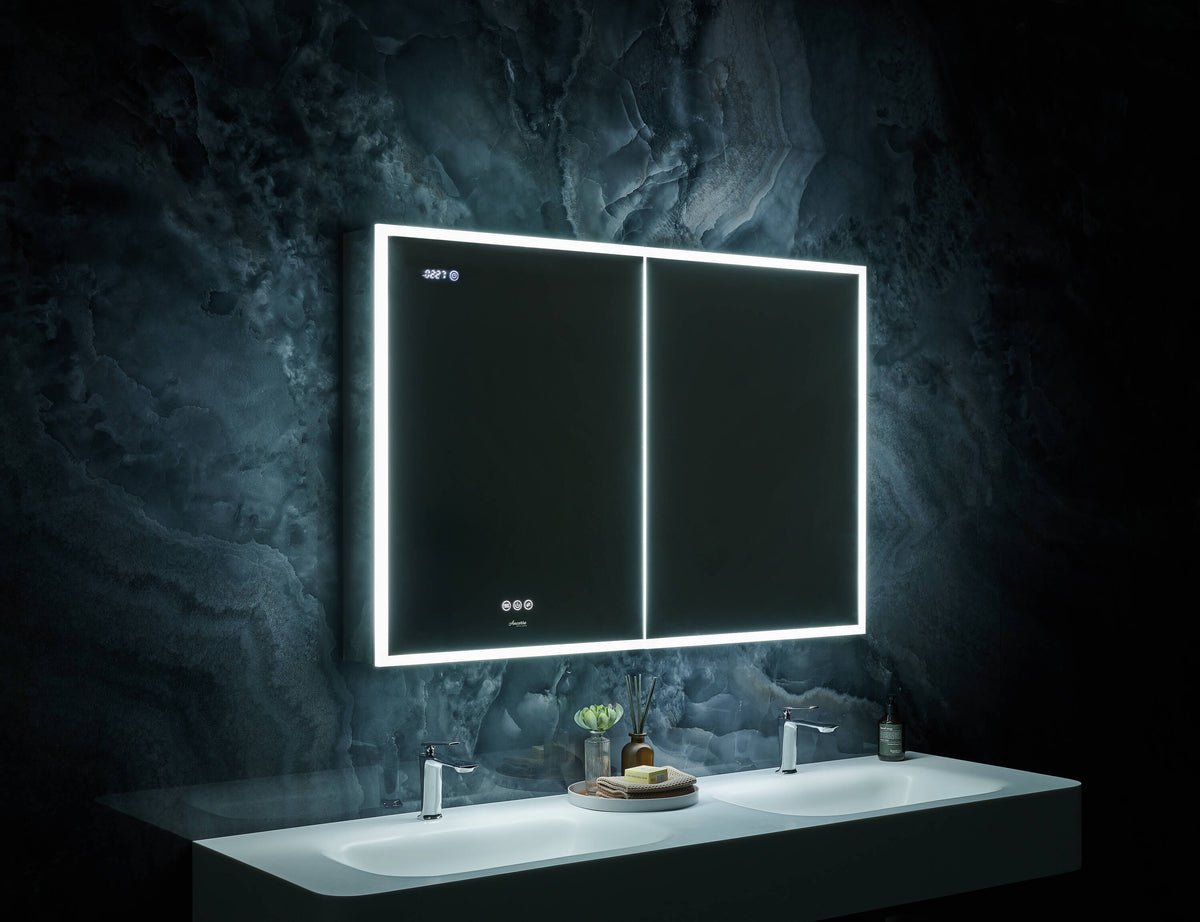 Ancerre Designs Pagani 36-in x 32-in Lighted LED Fog Free Surface/Recessed Mount Black Mirrored Soft Close Medicine Cabinet with Outlet