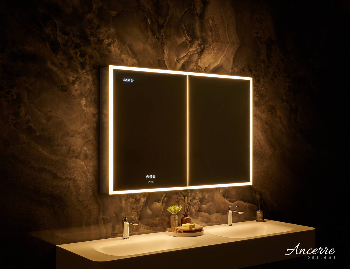 Ancerre Designs Pagani 36-in x 32-in Lighted LED Fog Free Surface/Recessed Mount Black Mirrored Soft Close Medicine Cabinet with Outlet