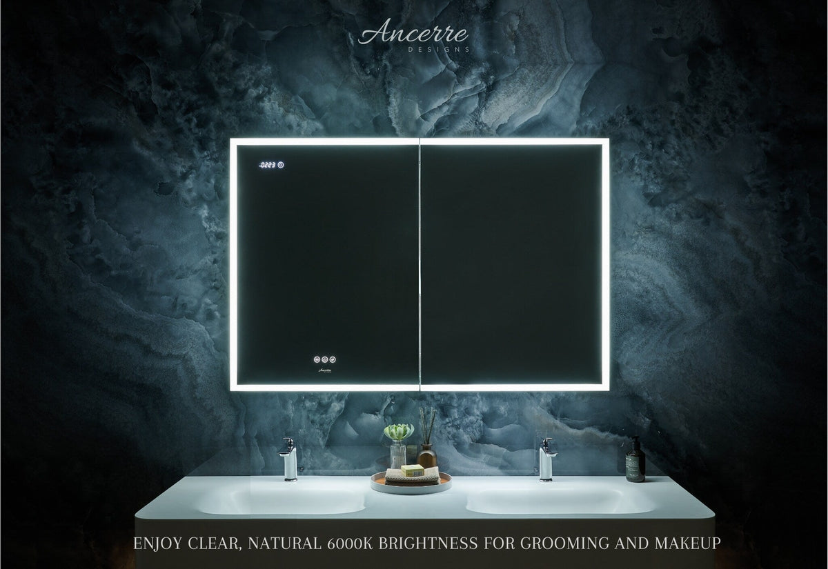 Ancerre Designs Pagani 36-in x 32-in Lighted LED Fog Free Surface/Recessed Mount Black Mirrored Soft Close Medicine Cabinet with Outlet