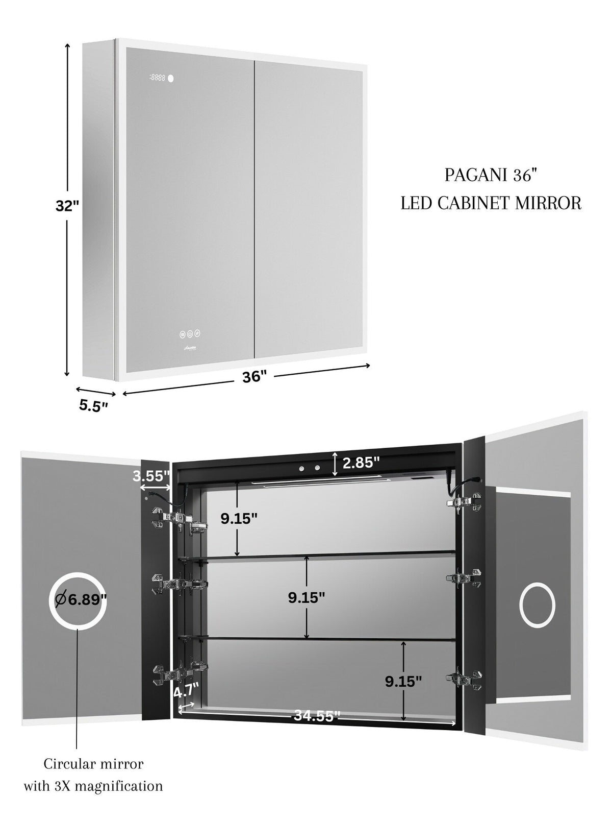 Ancerre Designs Pagani 36-in x 32-in Lighted LED Fog Free Surface/Recessed Mount Black Mirrored Soft Close Medicine Cabinet with Outlet