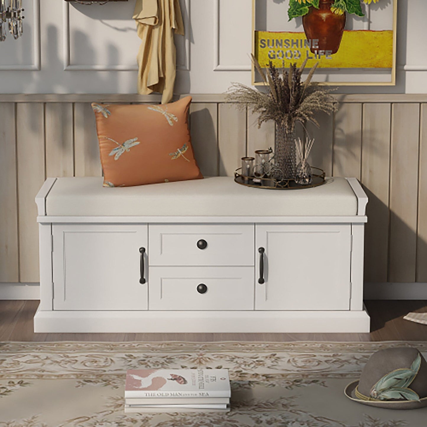 GZMR Storage Bench with 2 Drawers and 2 Cabinets Modern White Storage Bench with Storage 42.5-in x 15.1-in x 17.5-in