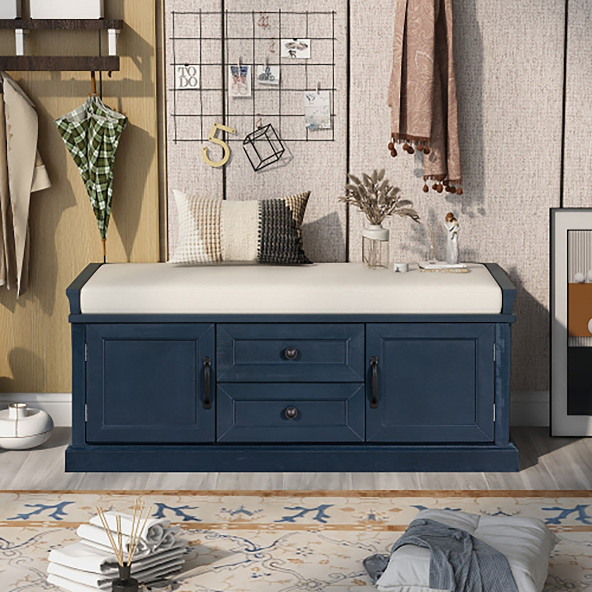 GZMR Storage Bench with 2 Drawers and 2 Cabinets Modern Navy Blue Storage Bench with Storage 42.5-in x 15.1-in x 17.5-in
