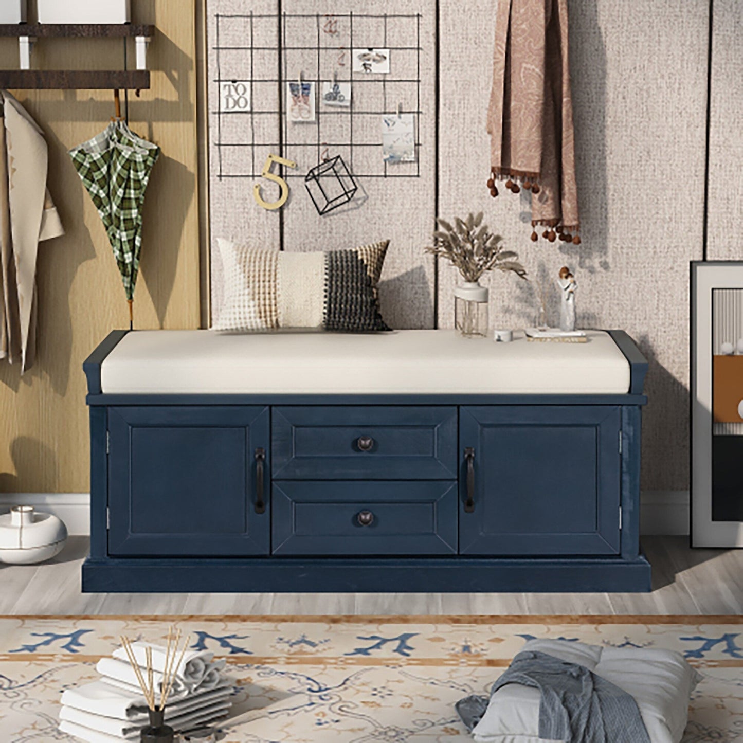 GZMR Storage Bench with 2 Drawers and 2 Cabinets Modern Navy Blue Storage Bench with Storage 42.5-in x 15.1-in x 17.5-in