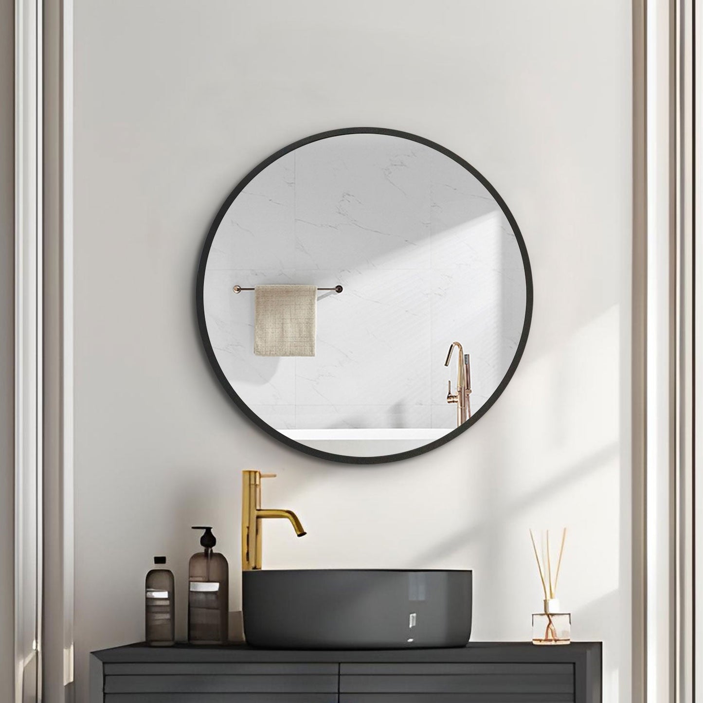 WELLFOR AO 24-in x 24-in Surface Mount Black Mirrored Round Medicine Cabinet