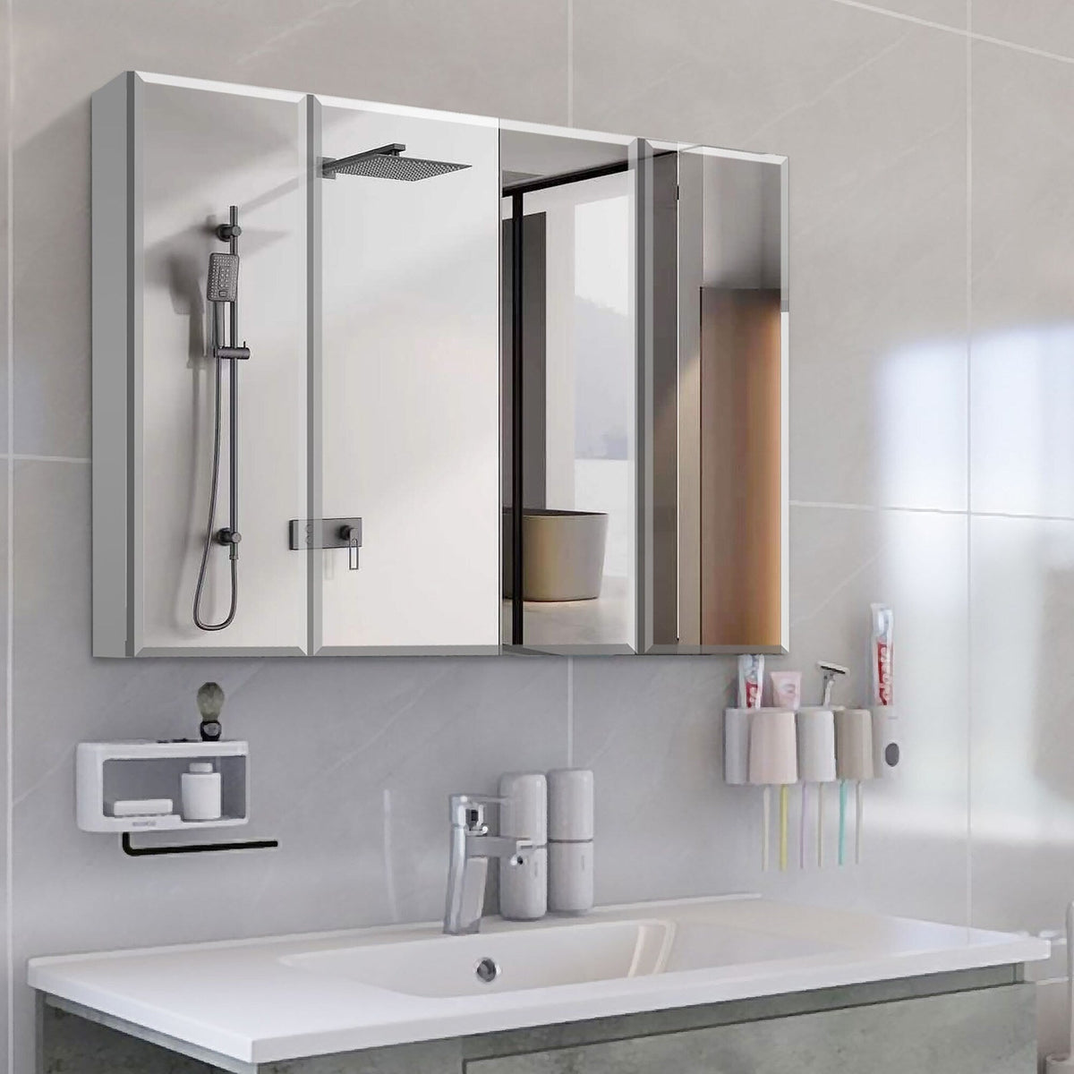 WELLFOR 36-in x 26-in Surface/Recessed Mount Silver Mirrored Soft Close Medicine Cabinet