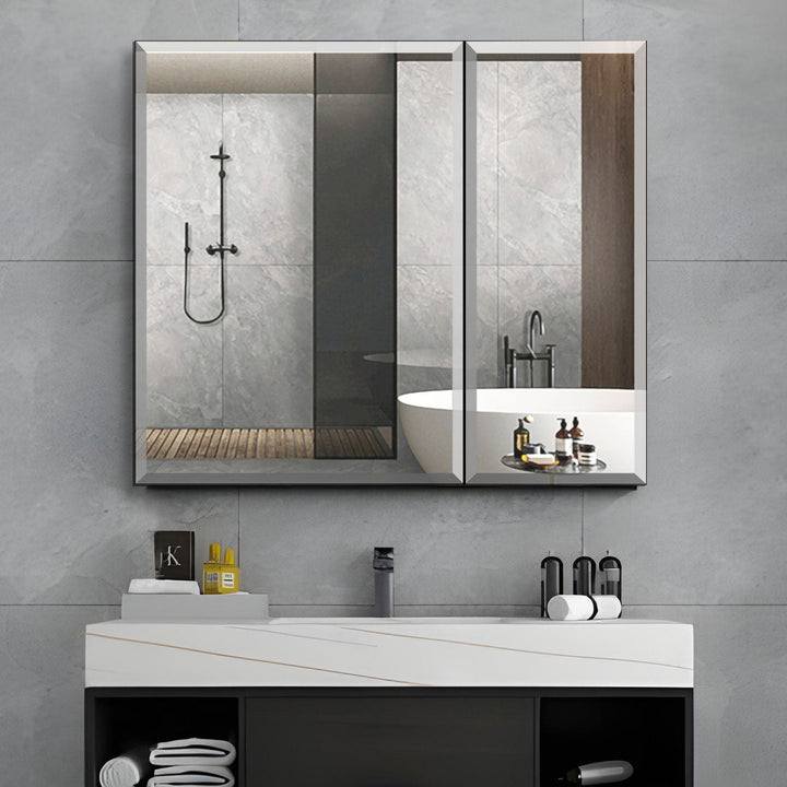 WELLFOR 30-in x 26-in Surface/Recessed Mount Silver Mirrored Soft Close Medicine Cabinet