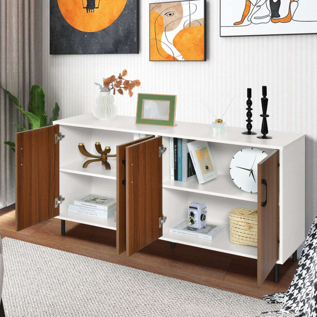 Clihome storage kitchen side cabinet 58-in W x 30-in H x 16-in D White and Brown Base Ready To Assemble Cabinet (Flat Panel Slab Door Style)