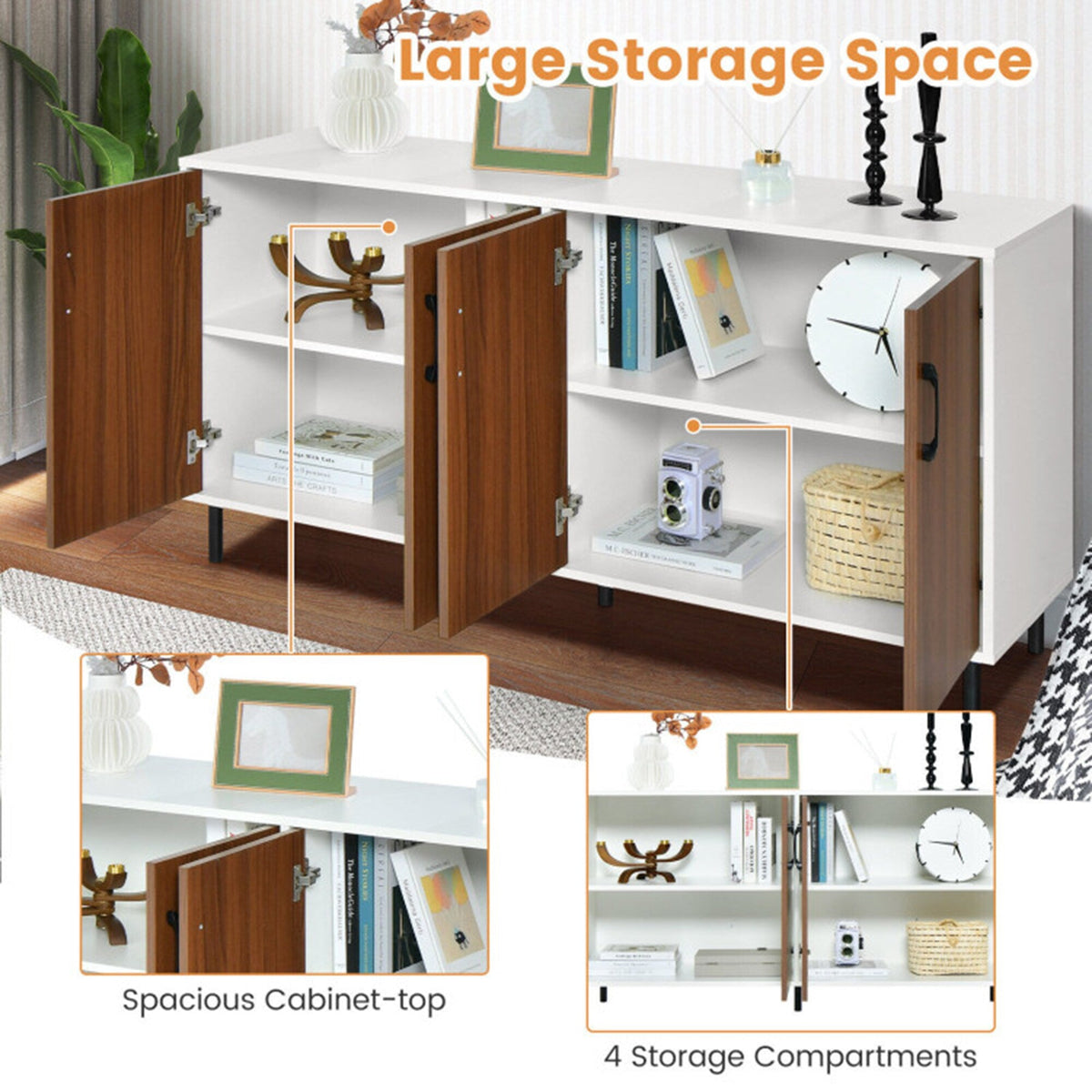 Clihome storage kitchen side cabinet 58-in W x 30-in H x 16-in D White and Brown Base Ready To Assemble Cabinet (Flat Panel Slab Door Style)