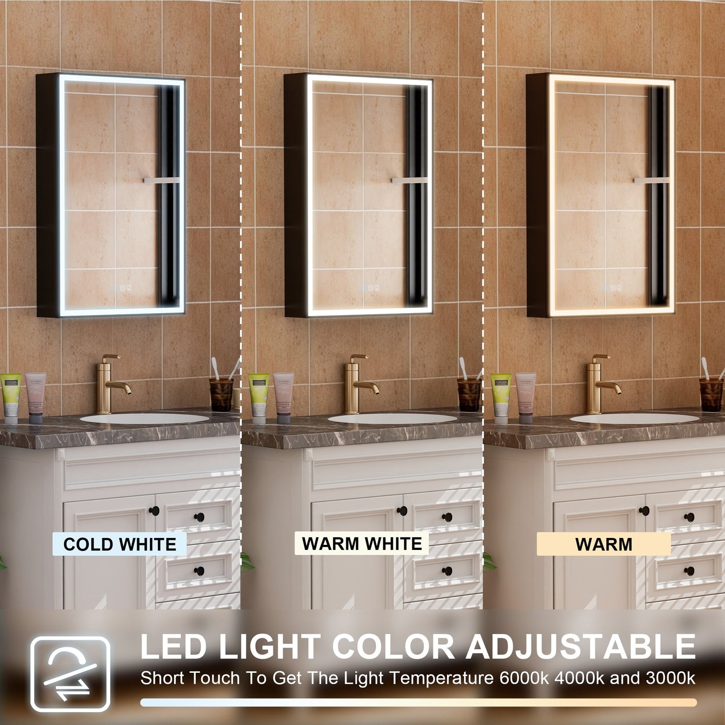 WELLFOR W12 32-in x 30-in Lighted LED Fog Free Surface/Recessed Mount Anodized Black Aluminum Mirrored Soft Close Medicine Cabinet with Outlet
