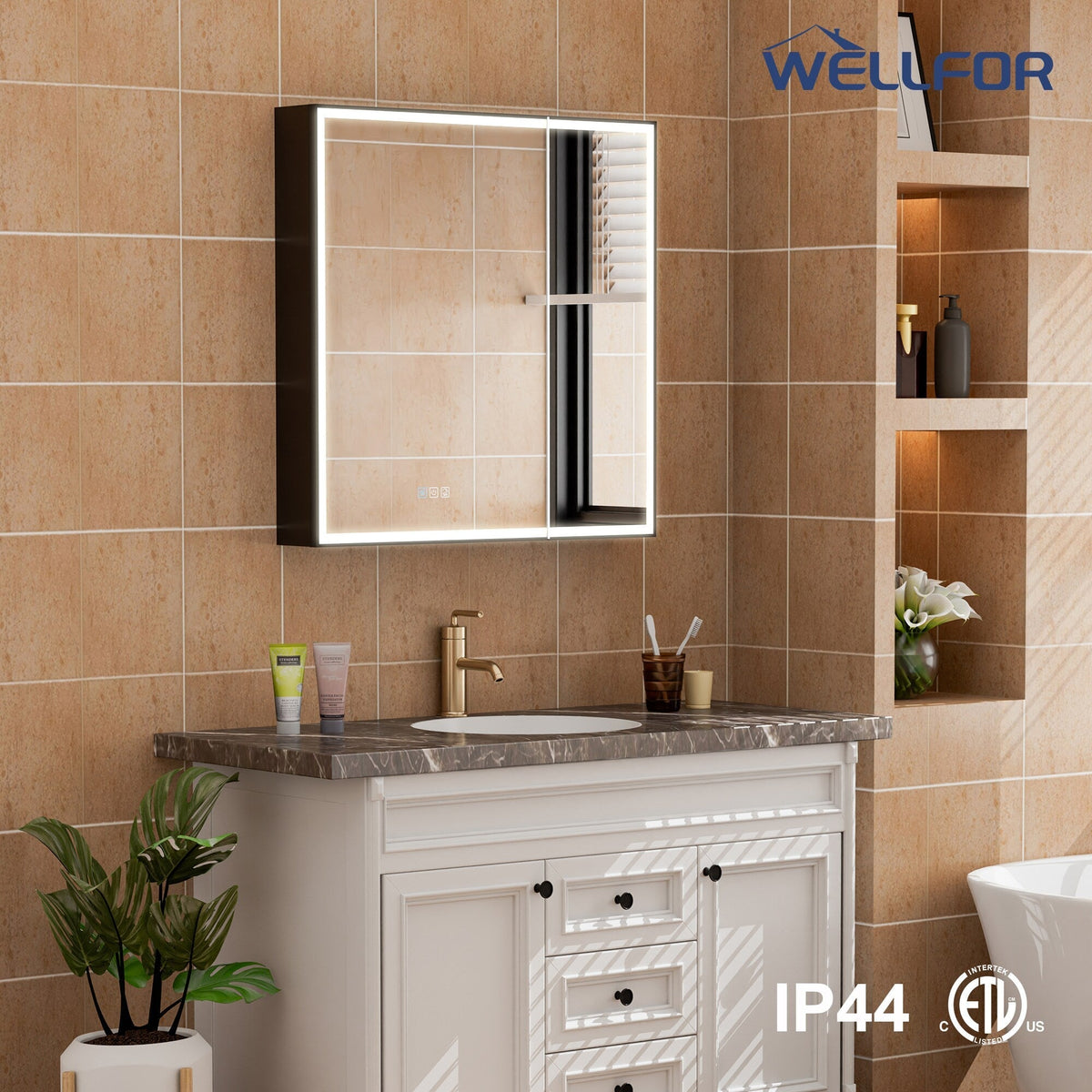 WELLFOR AYLA 30-in x 30-in Lighted LED Fog Free Surface/Recessed Mount Black Soft Close Medicine Cabinet with Outlet