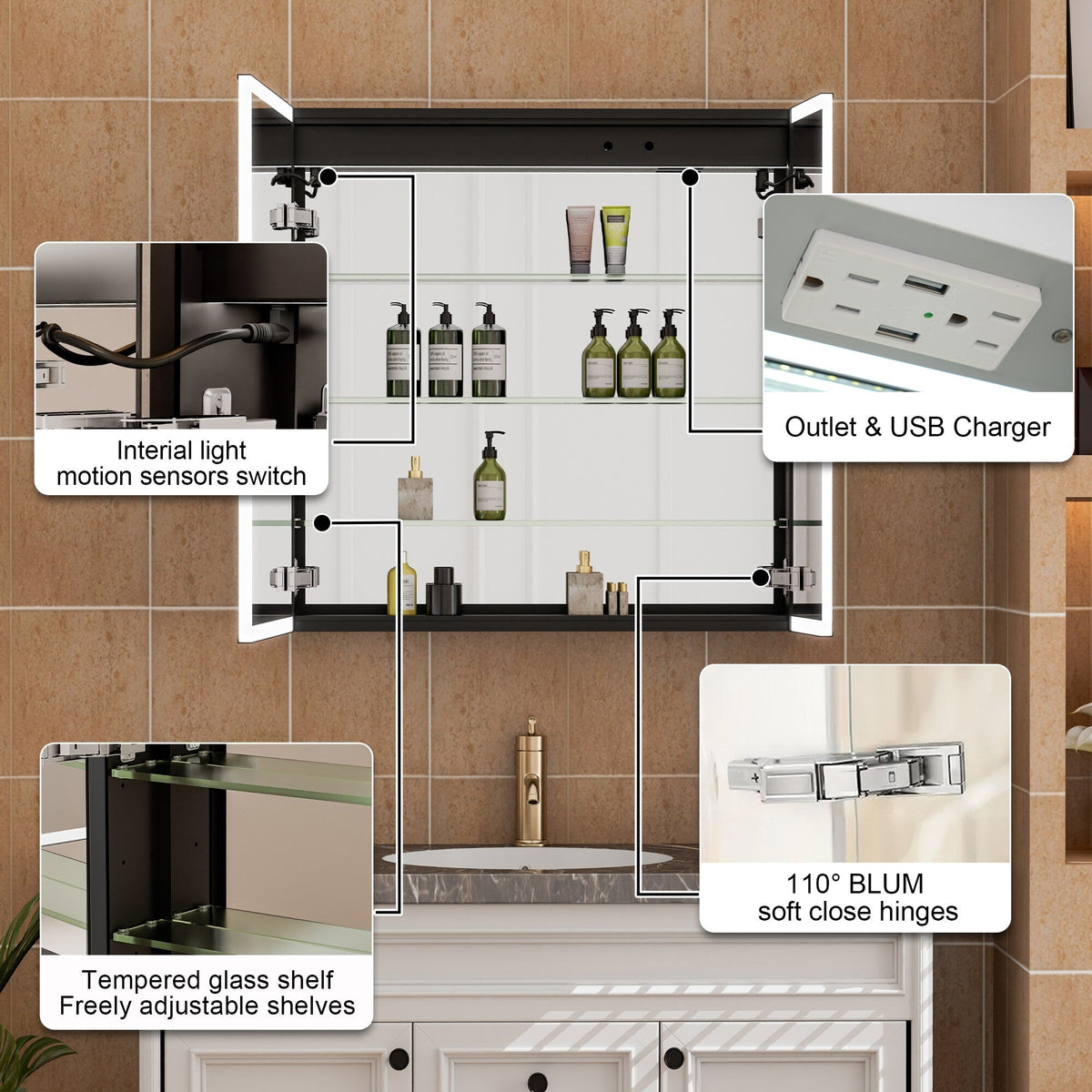 WELLFOR AYLA 30-in x 30-in Lighted LED Fog Free Surface/Recessed Mount Black Soft Close Medicine Cabinet with Outlet