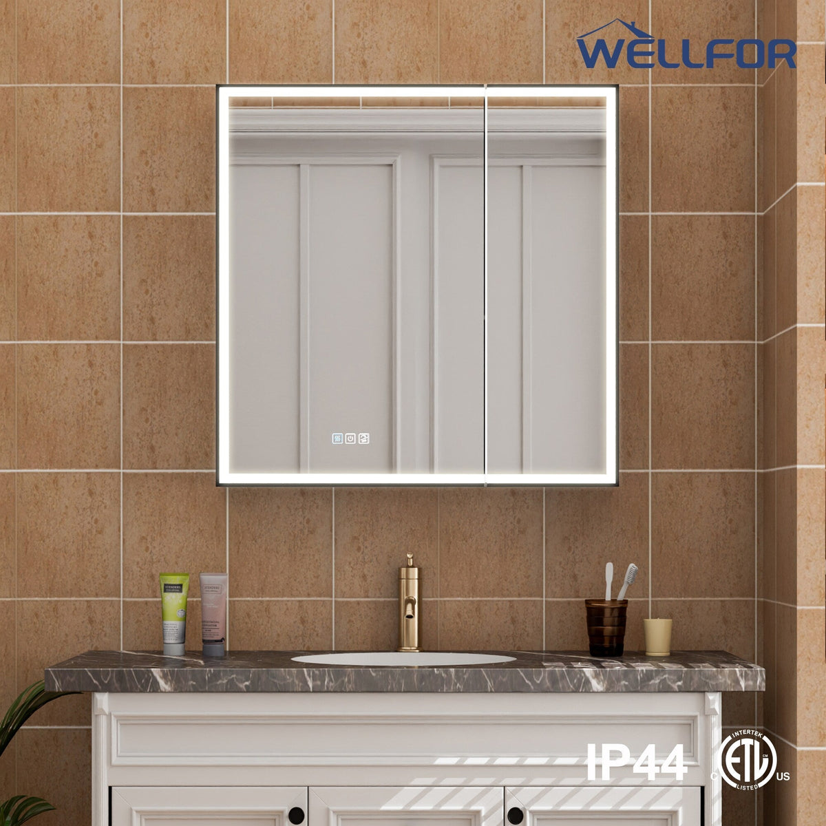 WELLFOR AYLA 30-in x 30-in Lighted LED Fog Free Surface/Recessed Mount Black Soft Close Medicine Cabinet with Outlet