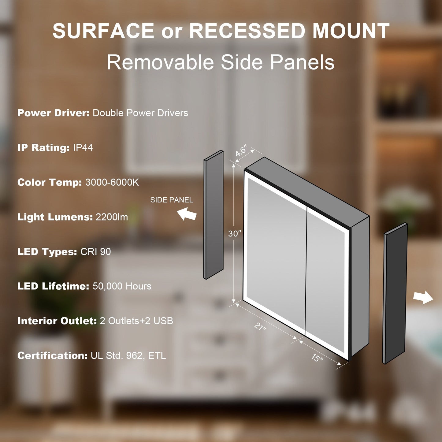 WELLFOR AYLA 36-in x 30-in Lighted LED Fog Free Surface/Recessed Mount Black Soft Close Medicine Cabinet with Outlet