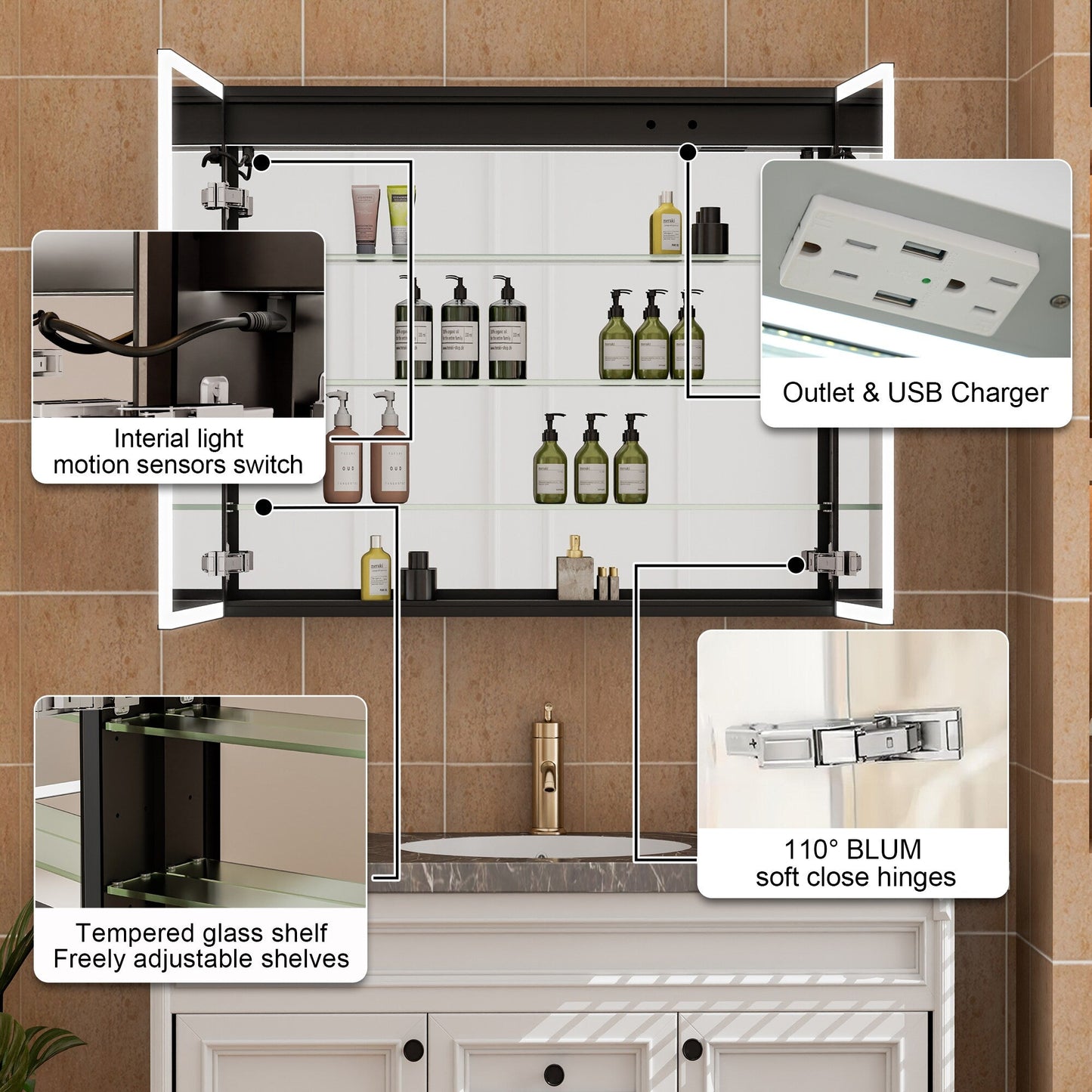 WELLFOR AYLA 36-in x 30-in Lighted LED Fog Free Surface/Recessed Mount Black Soft Close Medicine Cabinet with Outlet