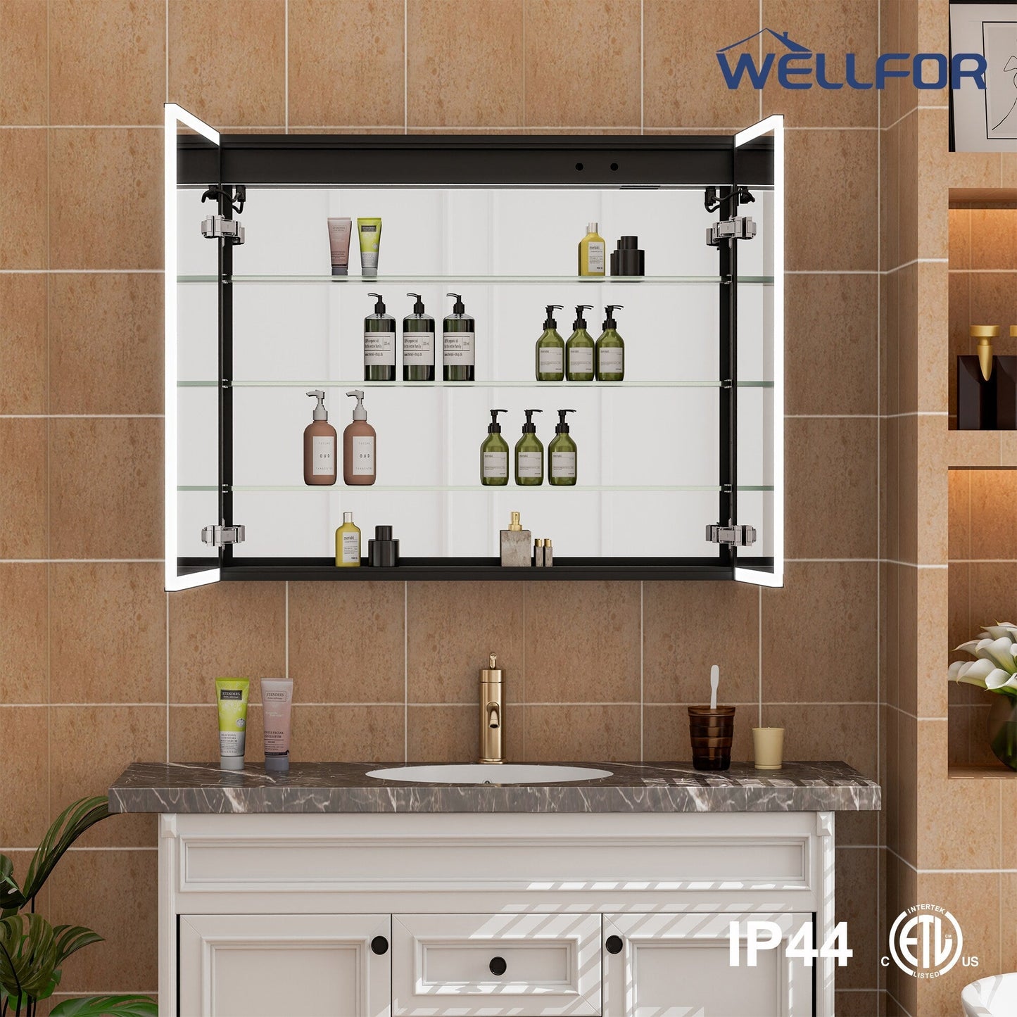 WELLFOR AYLA 36-in x 30-in Lighted LED Fog Free Surface/Recessed Mount Black Soft Close Medicine Cabinet with Outlet