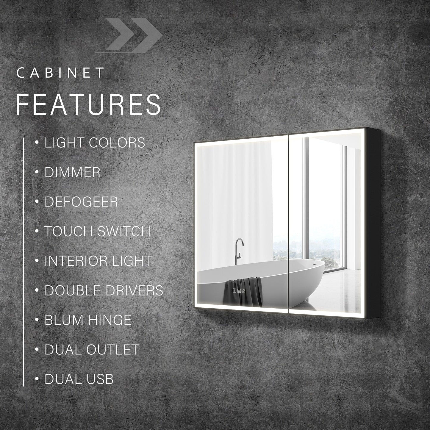WELLFOR AYLA 36-in x 30-in Lighted LED Fog Free Surface/Recessed Mount Black Soft Close Medicine Cabinet with Outlet