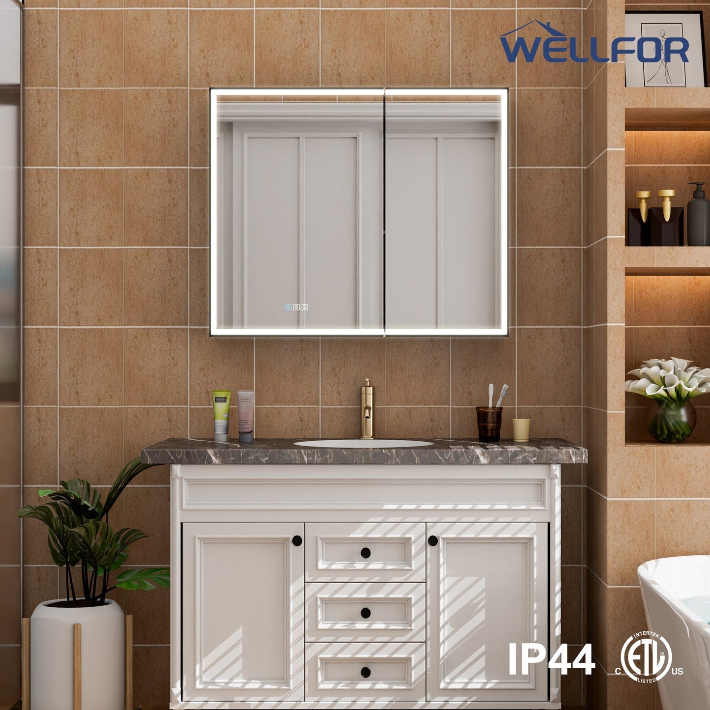 WELLFOR AYLA 36-in x 30-in Lighted LED Fog Free Surface/Recessed Mount Black Soft Close Medicine Cabinet with Outlet