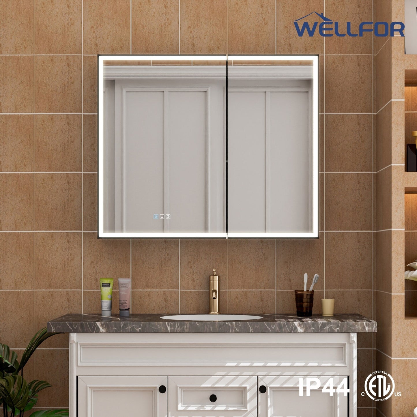 WELLFOR AYLA 36-in x 30-in Lighted LED Fog Free Surface/Recessed Mount Black Soft Close Medicine Cabinet with Outlet