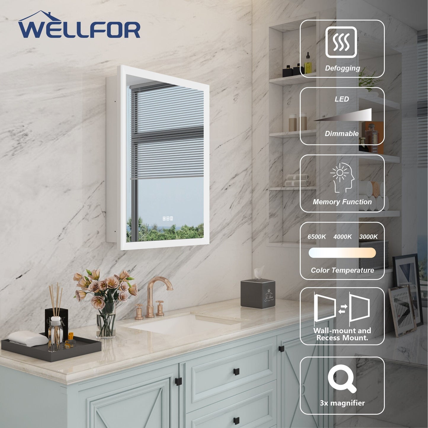 WELLFOR AURORA 24-in x 32-in Lighted LED Fog Free Surface/Recessed Mount Silver Mirrored Soft Close Medicine Cabinet