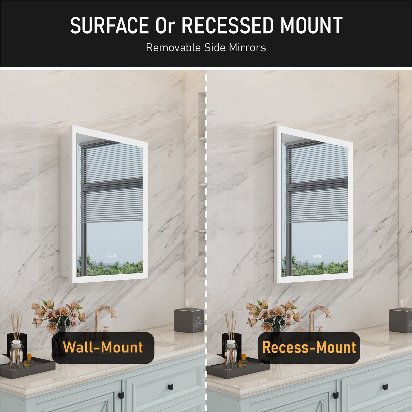 WELLFOR AURORA 24-in x 32-in Lighted LED Fog Free Surface/Recessed Mount Silver Mirrored Soft Close Medicine Cabinet