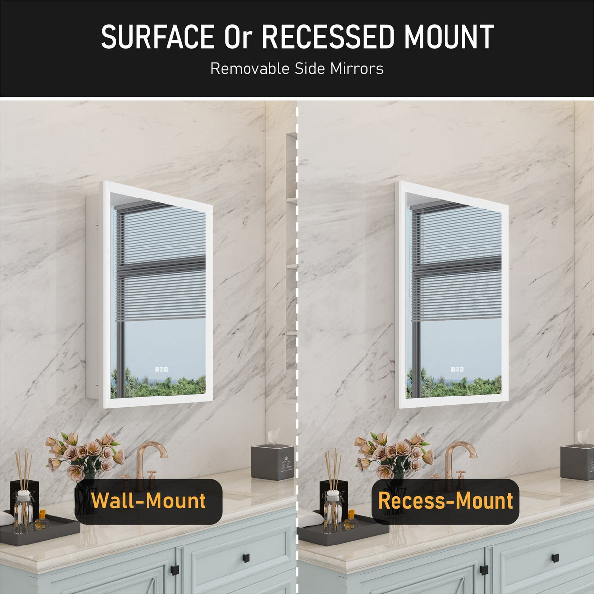 WELLFOR AURORA 24-in x 32-in Lighted LED Fog Free Surface/Recessed Mount Silver Mirrored Soft Close Medicine Cabinet