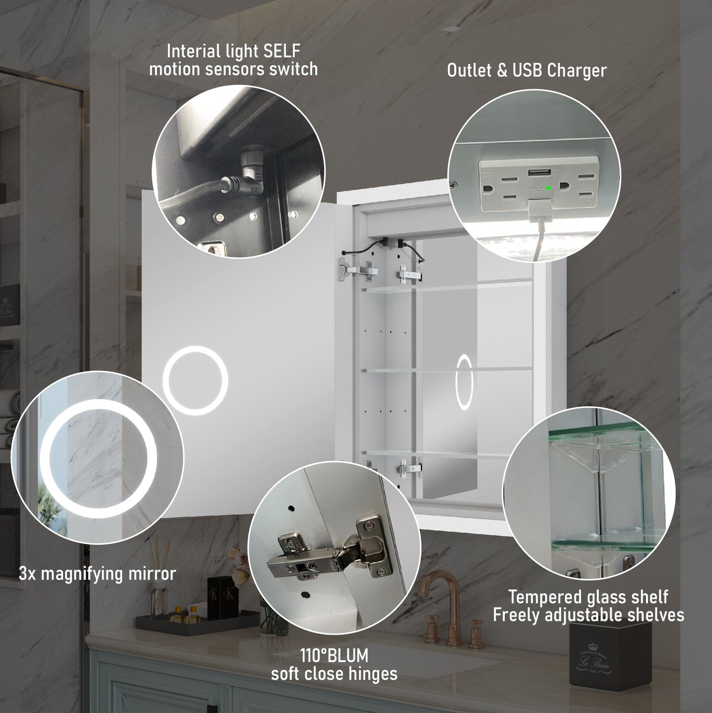 WELLFOR AURORA 24-in x 32-in Lighted LED Fog Free Surface/Recessed Mount Silver Mirrored Soft Close Medicine Cabinet