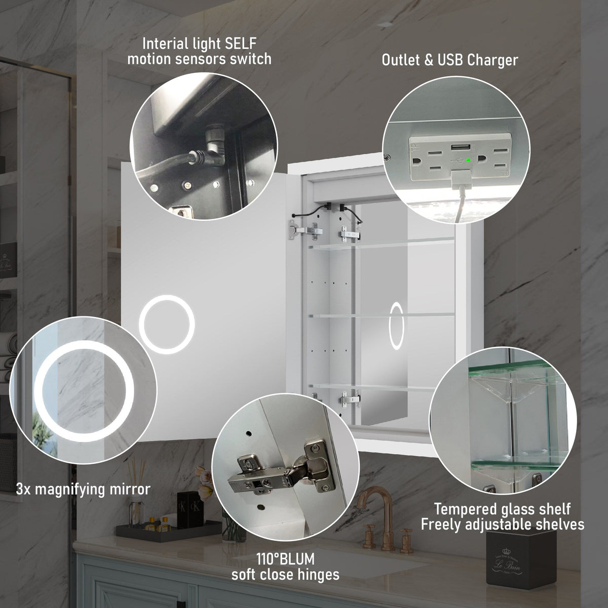 WELLFOR AURORA 24-in x 32-in Lighted LED Fog Free Surface/Recessed Mount Silver Mirrored Soft Close Medicine Cabinet