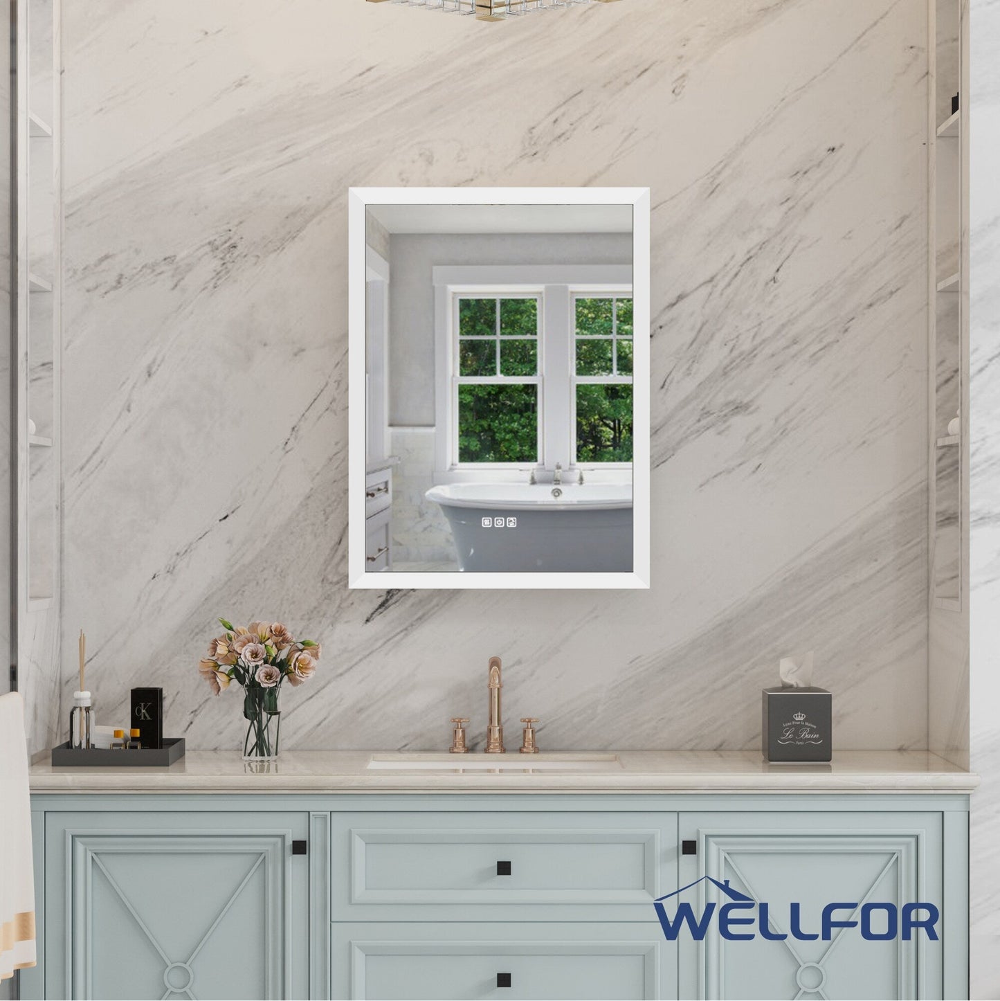 WELLFOR AURORA 24-in x 32-in Lighted LED Fog Free Surface/Recessed Mount Silver Mirrored Soft Close Medicine Cabinet