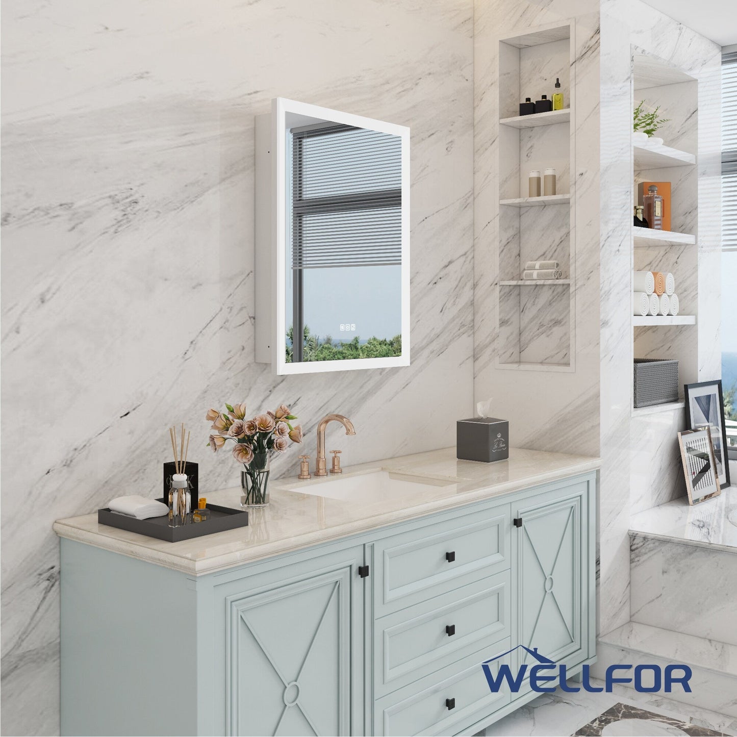 WELLFOR AURORA 24-in x 32-in Lighted LED Fog Free Surface/Recessed Mount Silver Mirrored Soft Close Medicine Cabinet