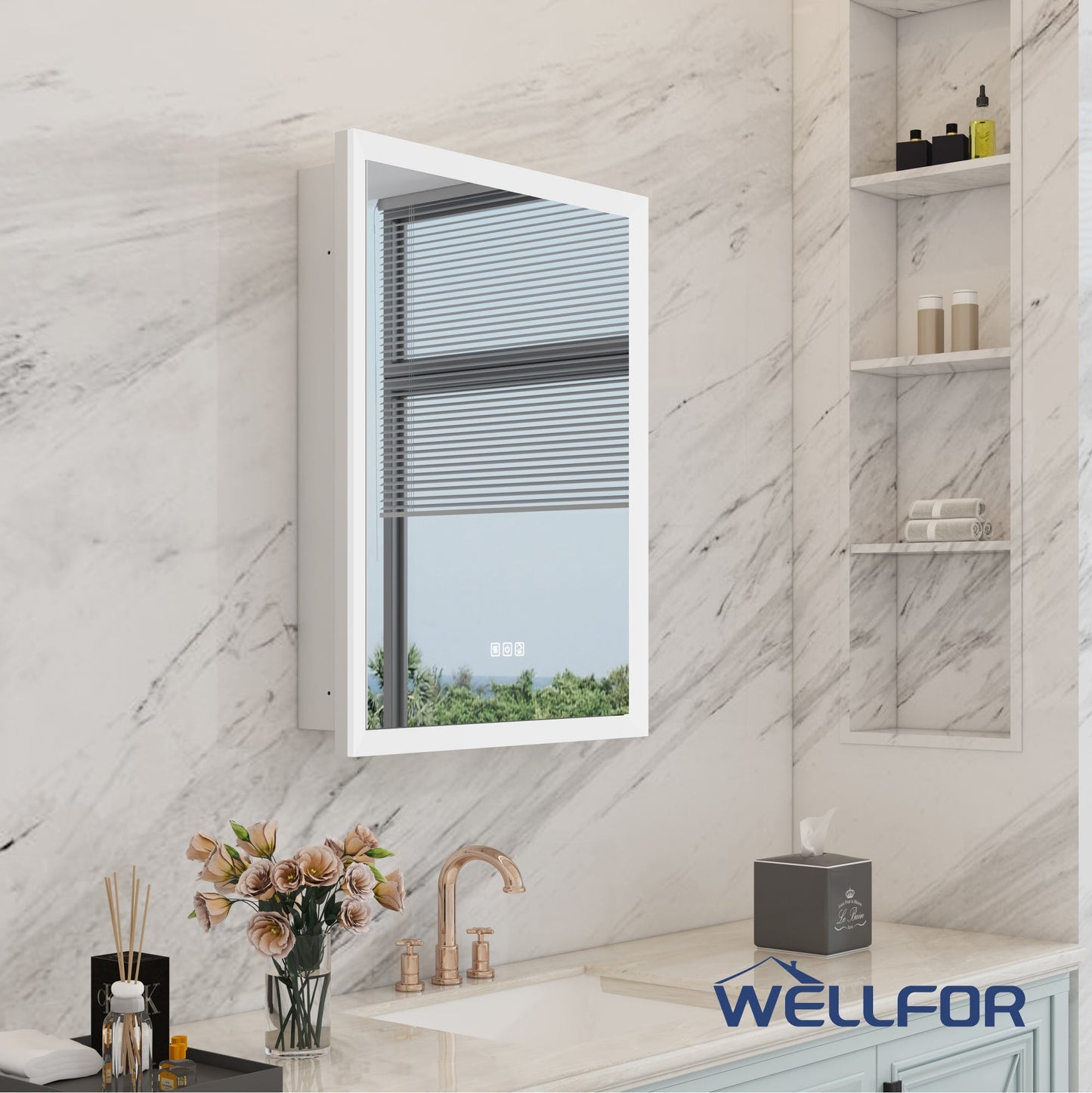 WELLFOR AURORA 24-in x 32-in Lighted LED Fog Free Surface/Recessed Mount Silver Mirrored Soft Close Medicine Cabinet