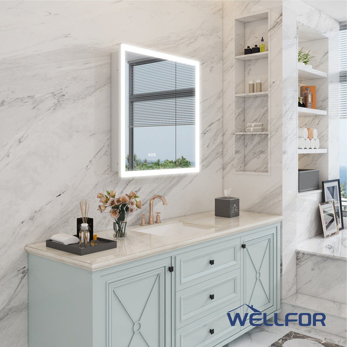 WELLFOR AURORA 30-in x 32-in Lighted LED Fog Free Surface/Recessed Mount Silver Mirrored Soft Close Medicine Cabinet