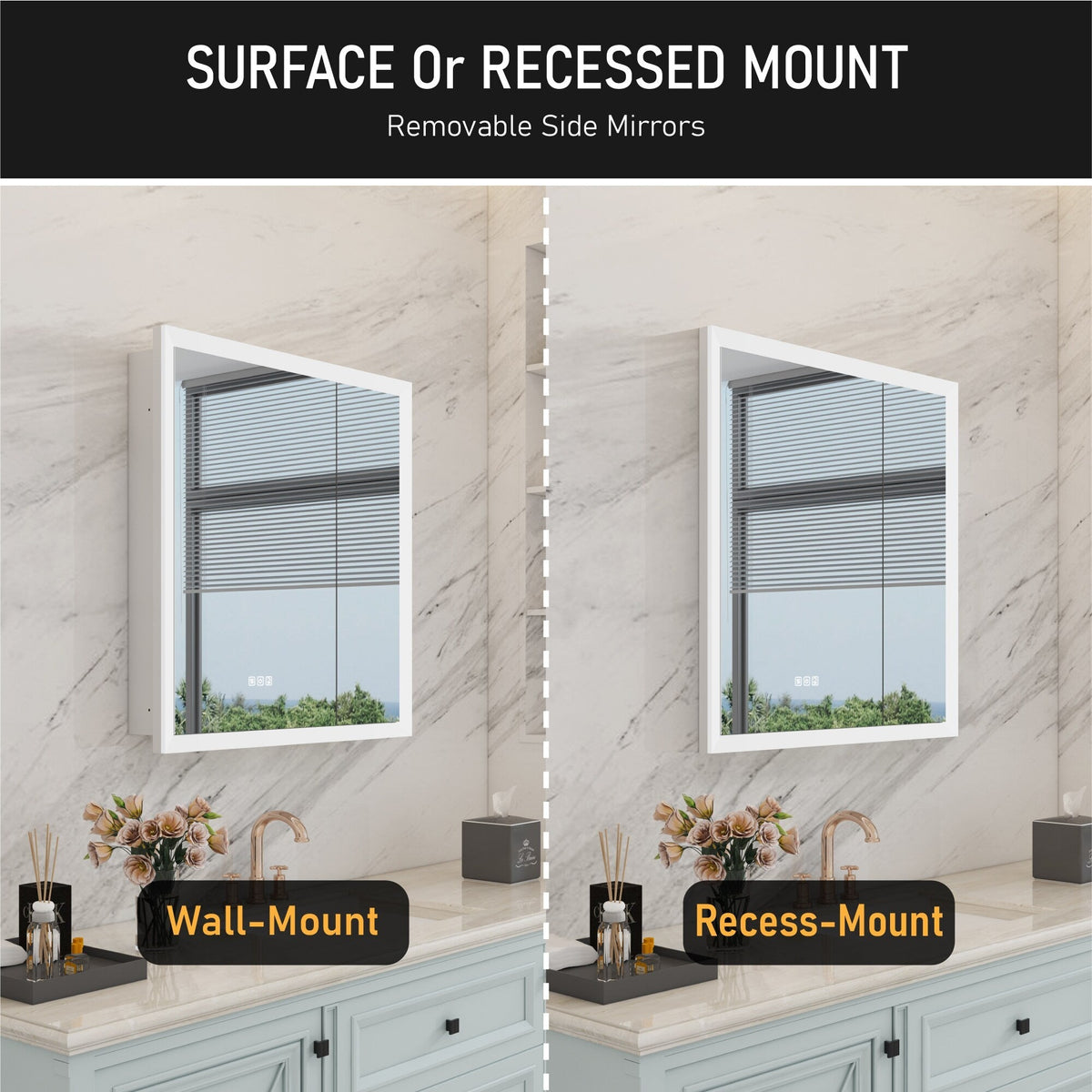 WELLFOR AURORA 30-in x 32-in Lighted LED Fog Free Surface/Recessed Mount Silver Mirrored Soft Close Medicine Cabinet