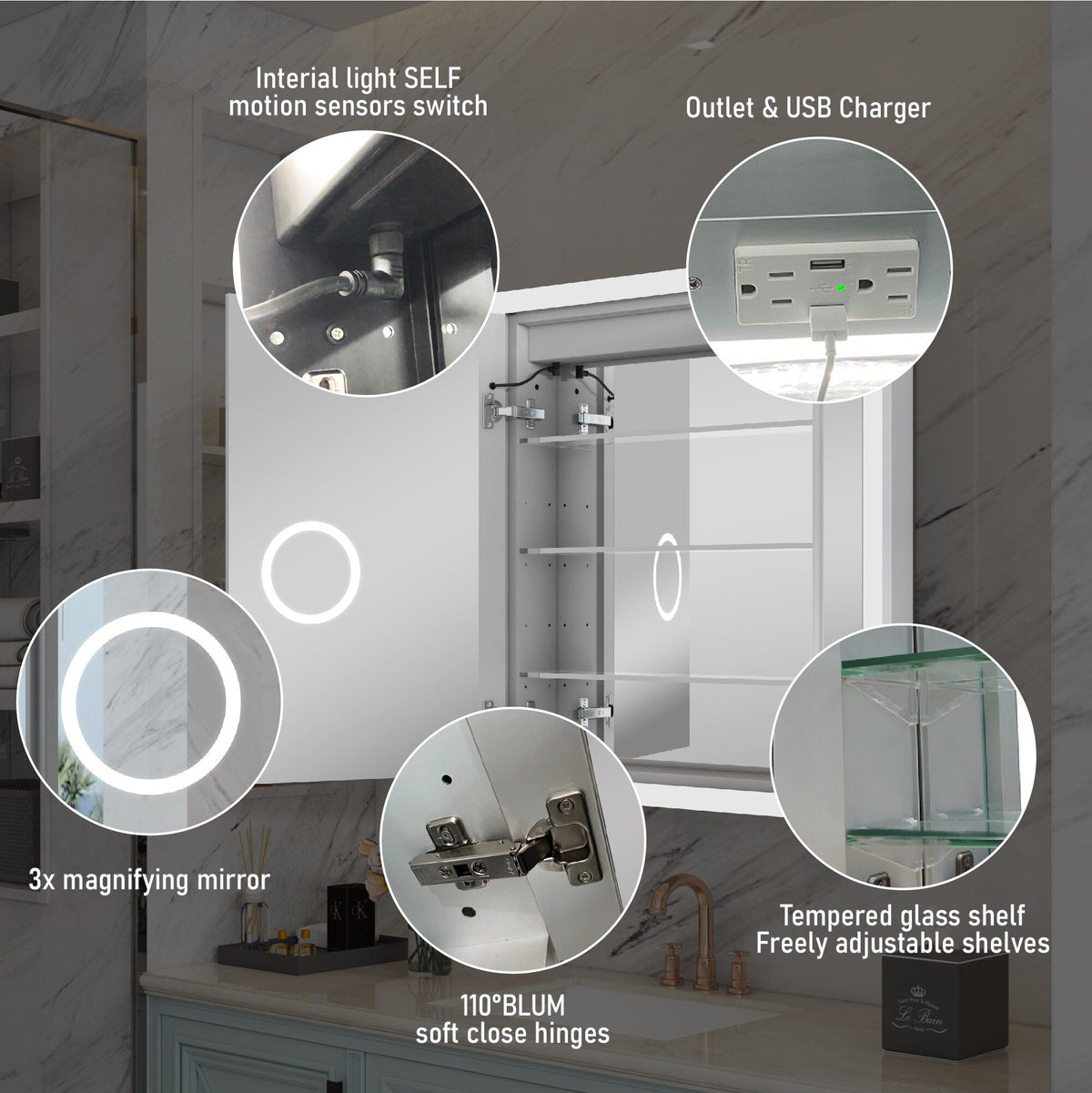 WELLFOR AURORA 30-in x 32-in Lighted LED Fog Free Surface/Recessed Mount Silver Mirrored Soft Close Medicine Cabinet