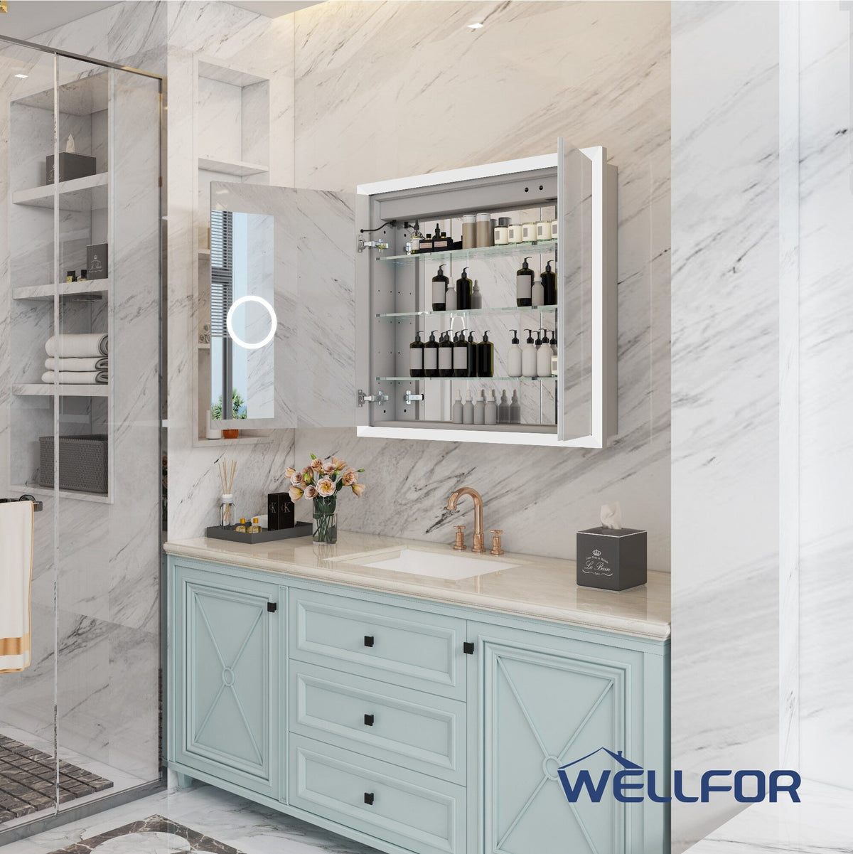 WELLFOR AURORA 36-in x 32-in Lighted LED Fog Free Surface/Recessed Mount Silver Mirrored Soft Close Medicine Cabinet