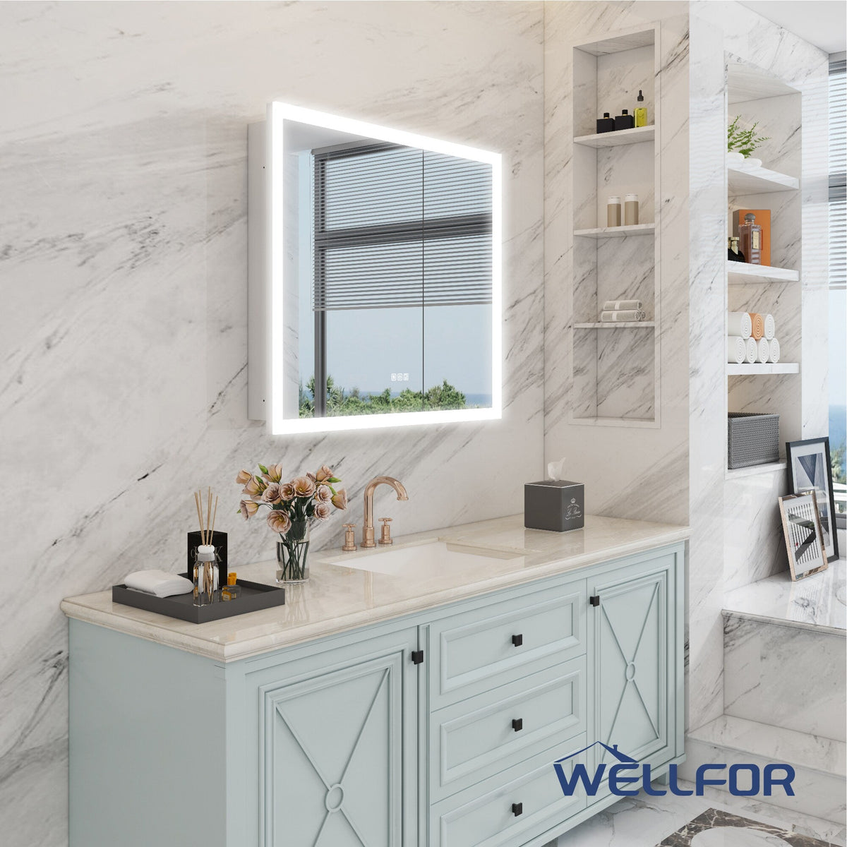 WELLFOR AURORA 36-in x 32-in Lighted LED Fog Free Surface/Recessed Mount Silver Mirrored Soft Close Medicine Cabinet