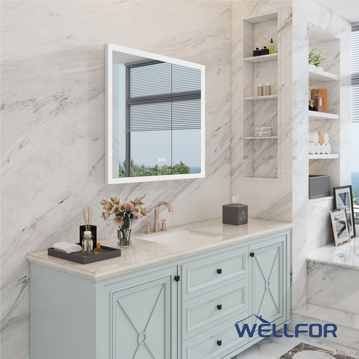 WELLFOR AURORA 36-in x 32-in Lighted LED Fog Free Surface/Recessed Mount Silver Mirrored Soft Close Medicine Cabinet