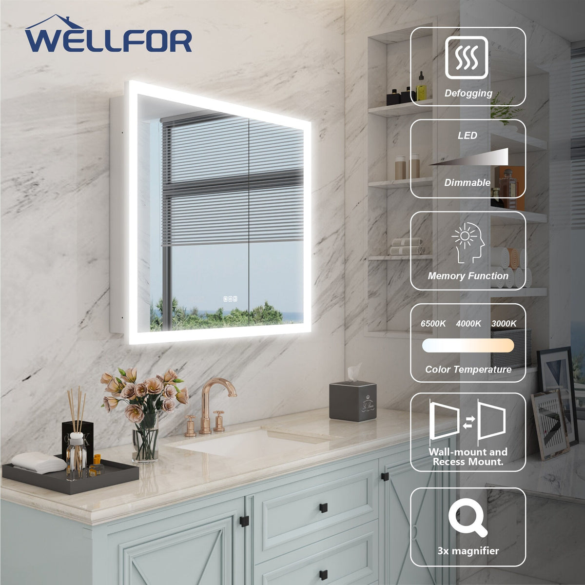 WELLFOR AURORA 36-in x 32-in Lighted LED Fog Free Surface/Recessed Mount Silver Mirrored Soft Close Medicine Cabinet