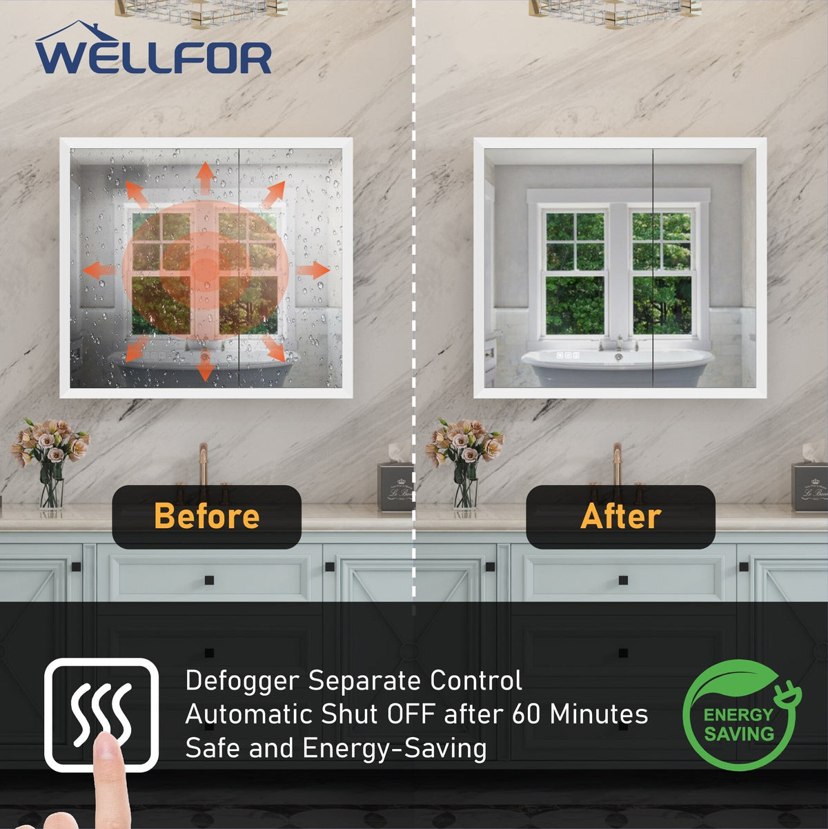 WELLFOR AURORA 36-in x 32-in Lighted LED Fog Free Surface/Recessed Mount Silver Mirrored Soft Close Medicine Cabinet