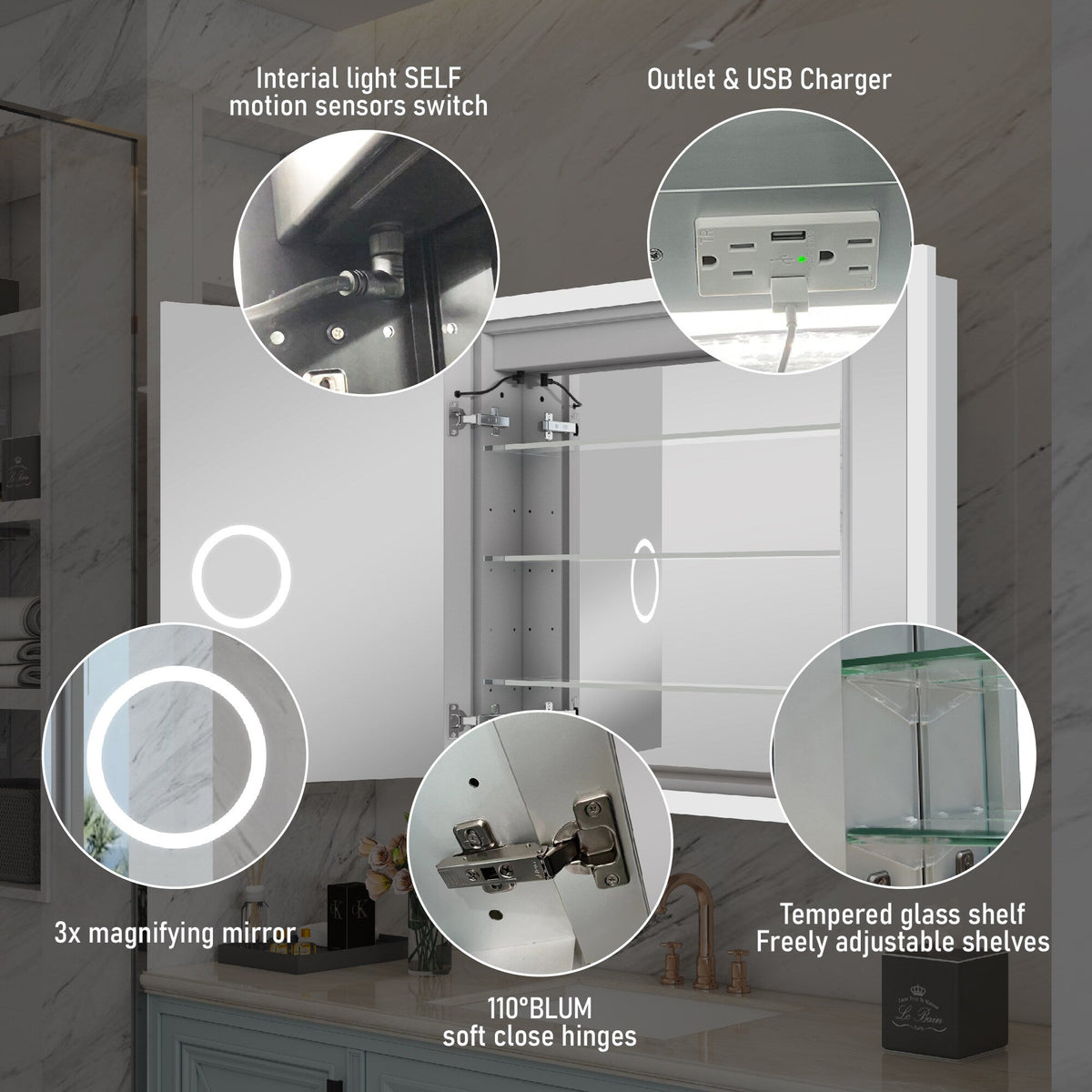 WELLFOR AURORA 36-in x 32-in Lighted LED Fog Free Surface/Recessed Mount Silver Mirrored Soft Close Medicine Cabinet