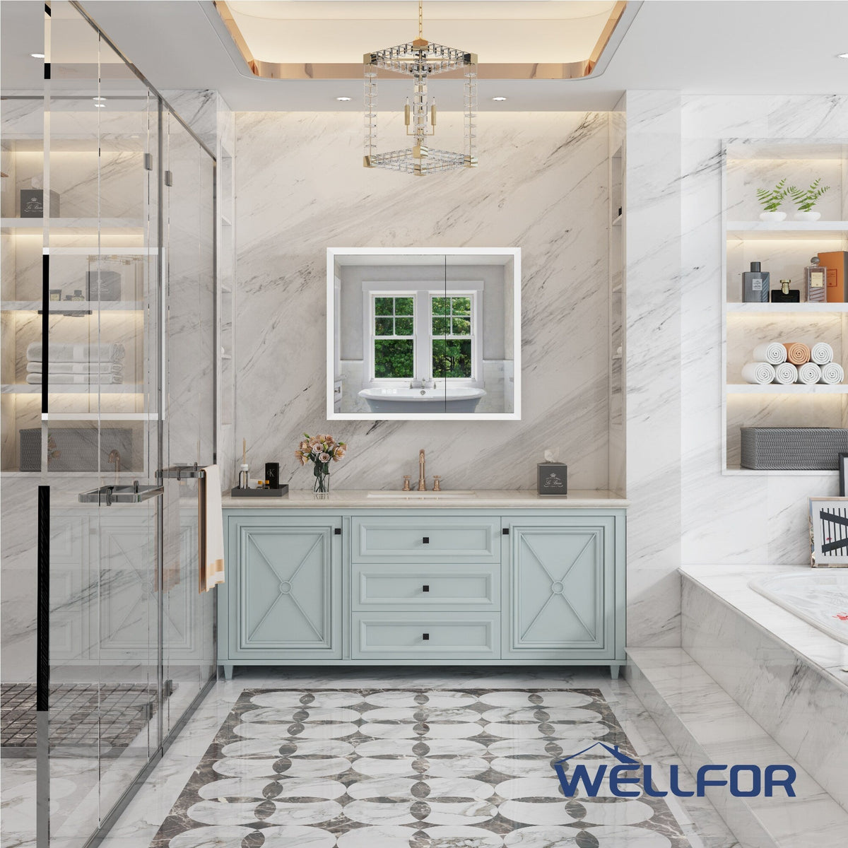 WELLFOR AURORA 36-in x 32-in Lighted LED Fog Free Surface/Recessed Mount Silver Mirrored Soft Close Medicine Cabinet