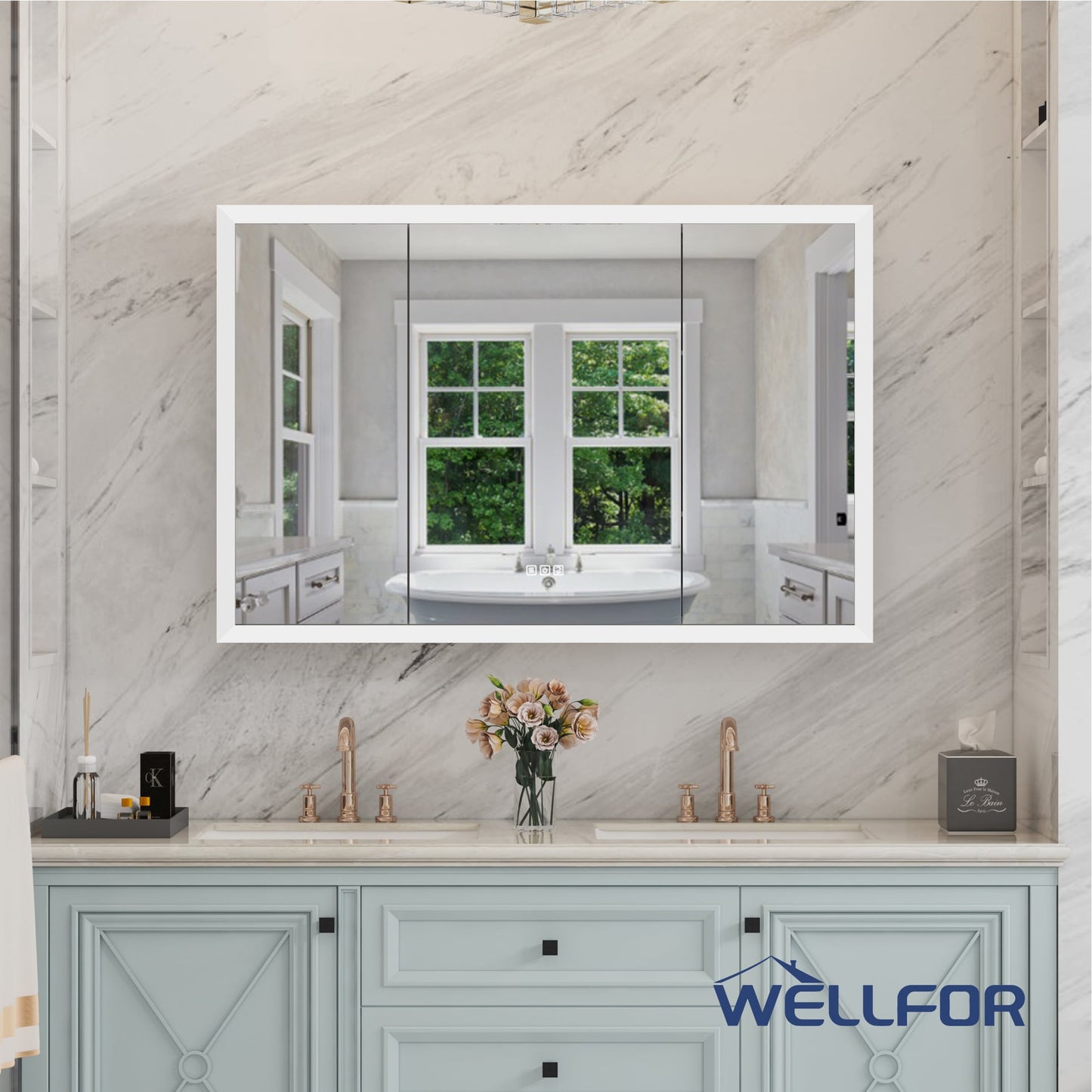 WELLFOR AURORA 48-in x 32-in Lighted LED Fog Free Surface/Recessed Mount Silver Mirrored Soft Close Medicine Cabinet