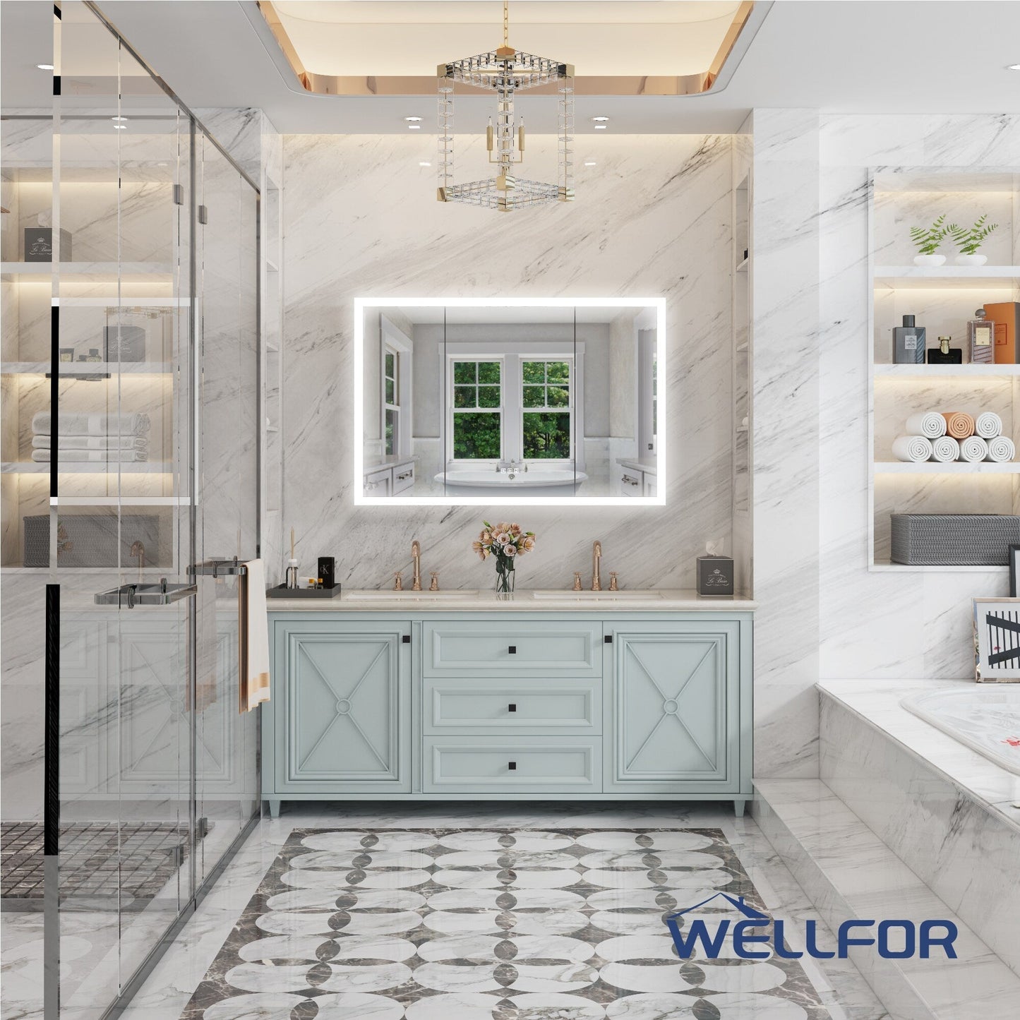 WELLFOR AURORA 48-in x 32-in Lighted LED Fog Free Surface/Recessed Mount Silver Mirrored Soft Close Medicine Cabinet