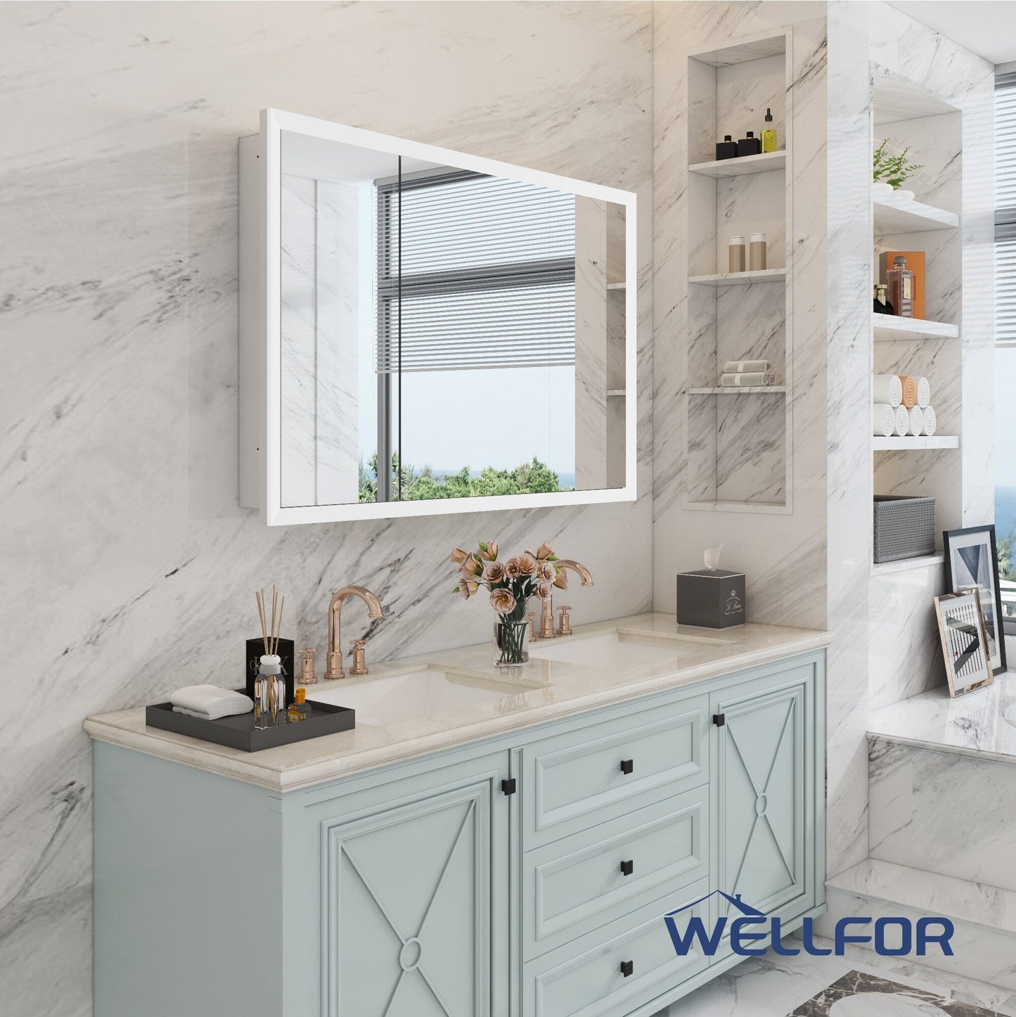 WELLFOR AURORA 48-in x 32-in Lighted LED Fog Free Surface/Recessed Mount Silver Mirrored Soft Close Medicine Cabinet