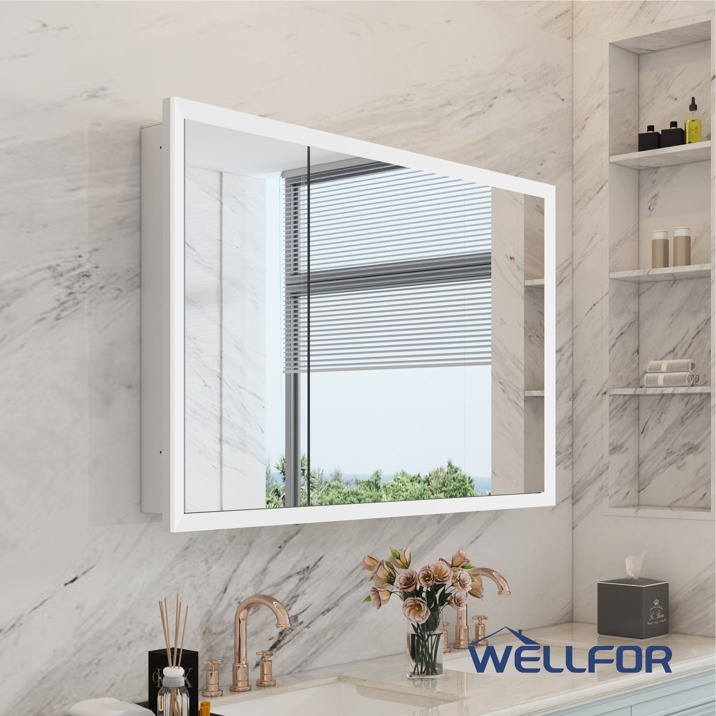 WELLFOR AURORA 48-in x 32-in Lighted LED Fog Free Surface/Recessed Mount Silver Mirrored Soft Close Medicine Cabinet