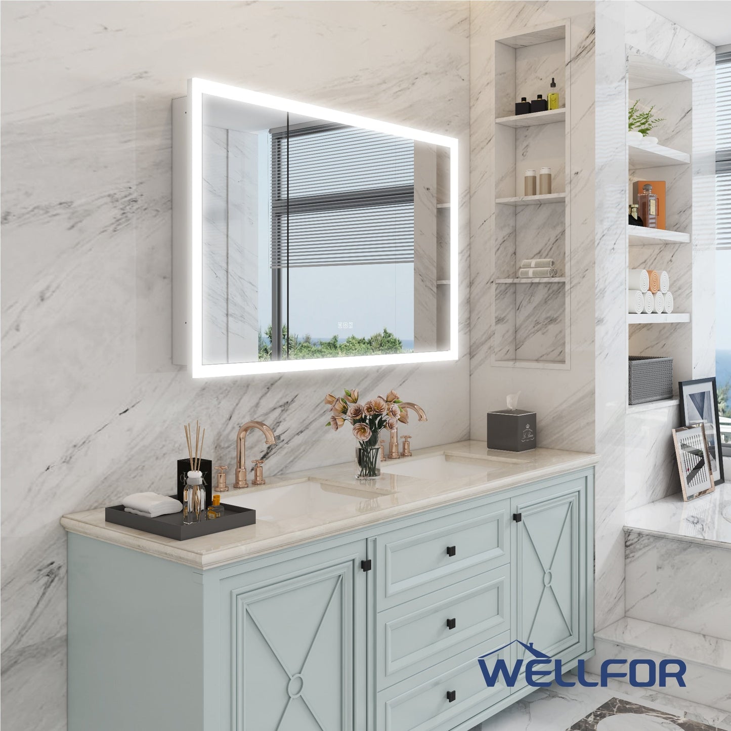 WELLFOR AURORA 48-in x 32-in Lighted LED Fog Free Surface/Recessed Mount Silver Mirrored Soft Close Medicine Cabinet