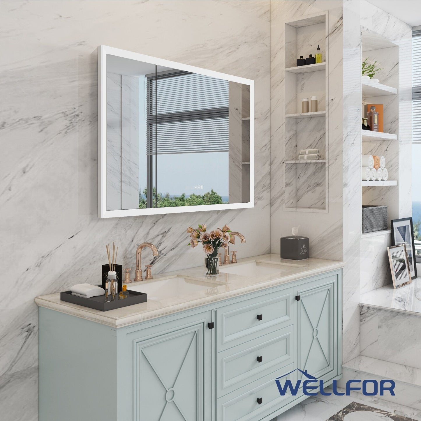 WELLFOR AURORA 48-in x 32-in Lighted LED Fog Free Surface/Recessed Mount Silver Mirrored Soft Close Medicine Cabinet